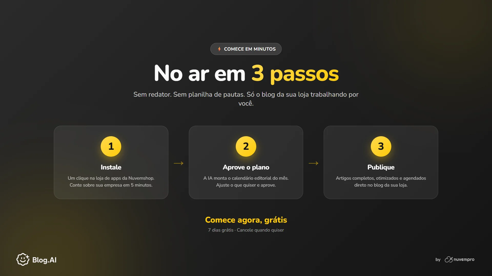 No ar em 3 passos: instale, aprove e publique.