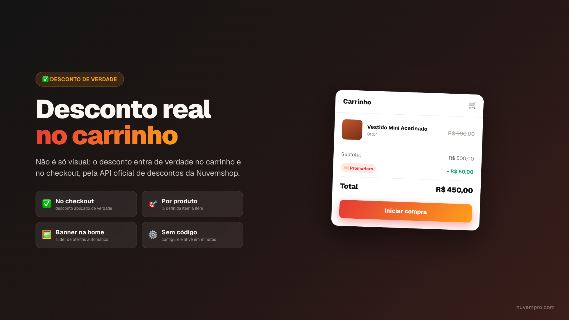 Desconto real aplicado no carrinho e no checkout.