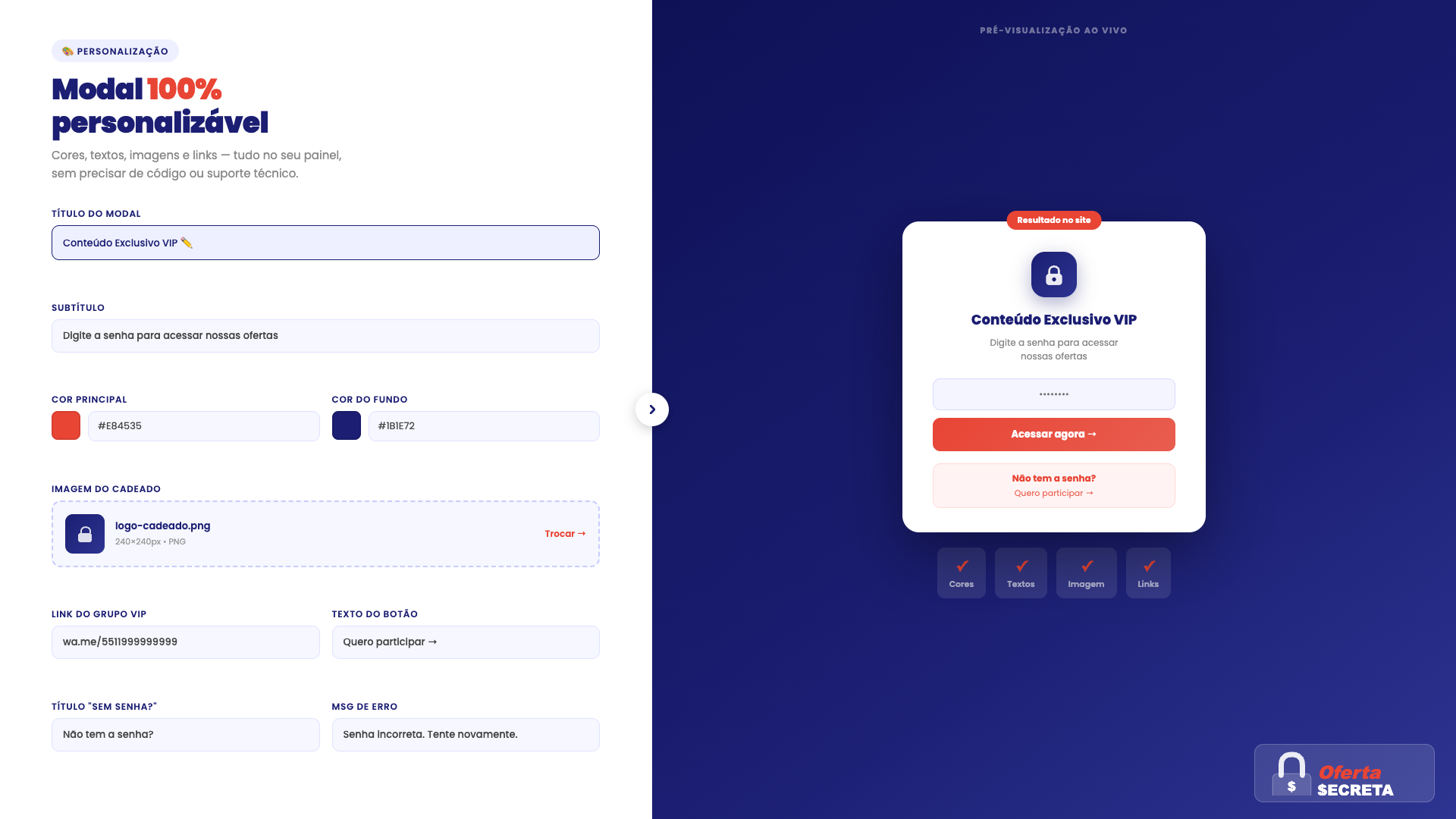 100% customizable modal: logo, colors, text and messages.
