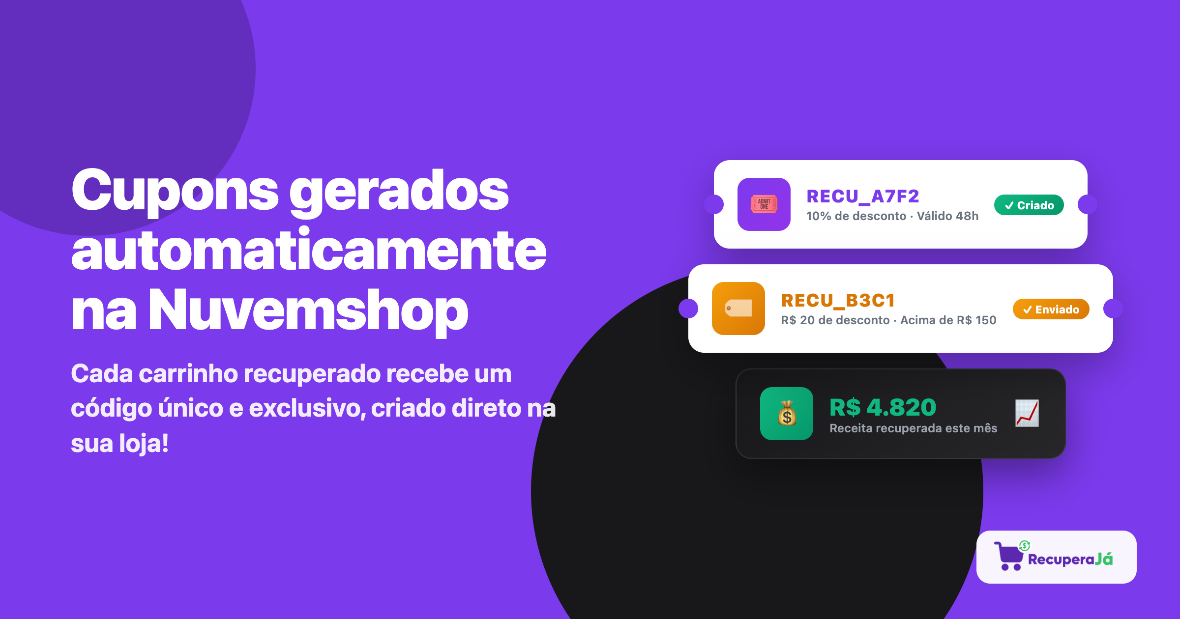 Cupons únicos gerados automaticamente na Nuvemshop a cada recuperação.